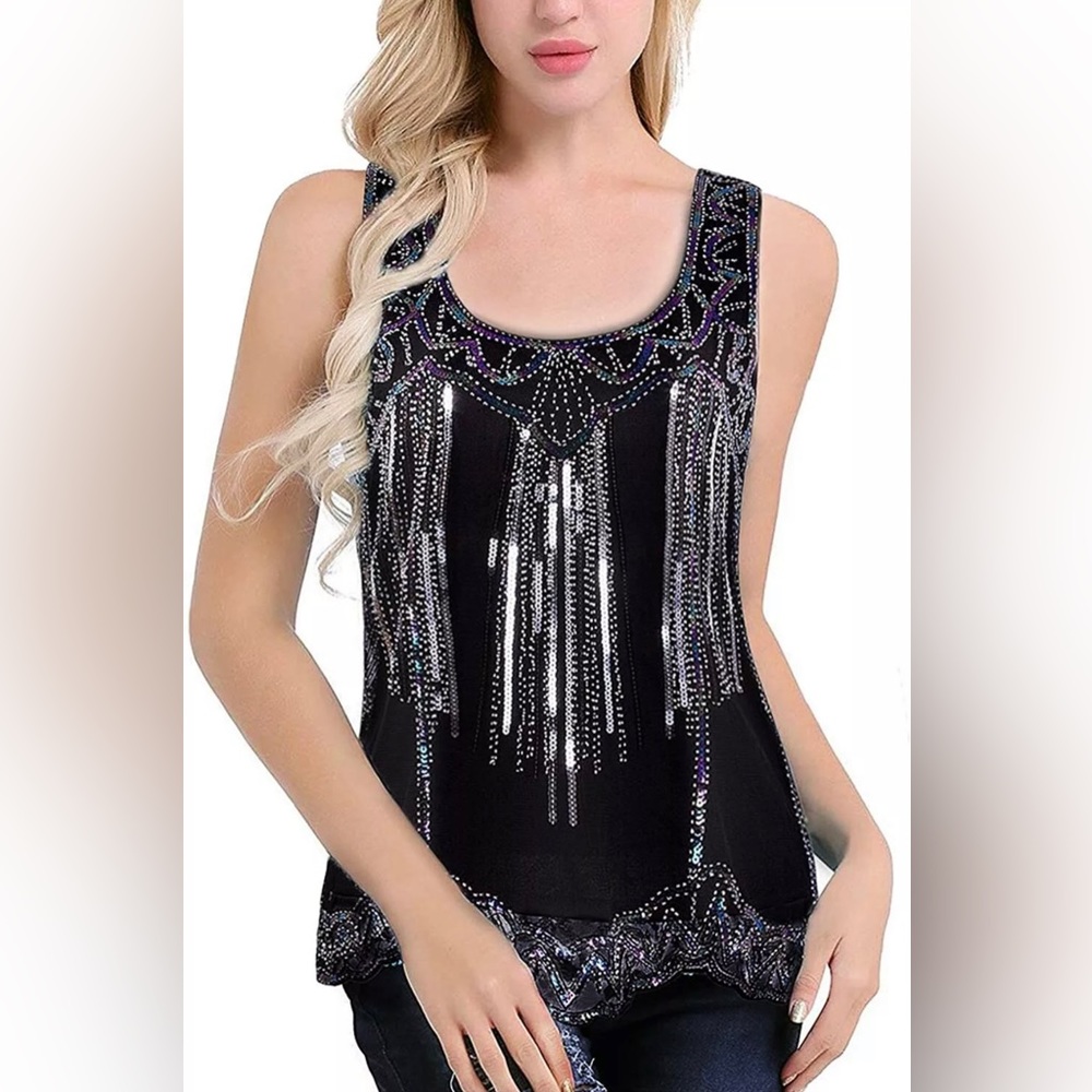 Vision for Innovation Ladies Silver/Iridescent Sequin Black Top Size S NWT